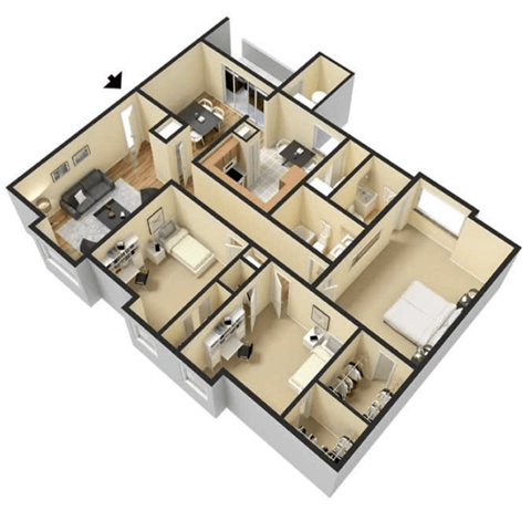 Floor plan for 3 beds, 2 baths, 1248 sqft